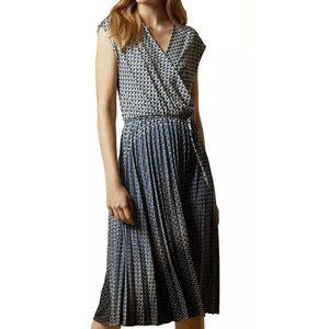 Ted Baker Masquerade Blue White Print Midi Dress Pleated Dress Wrap V-neck Work
